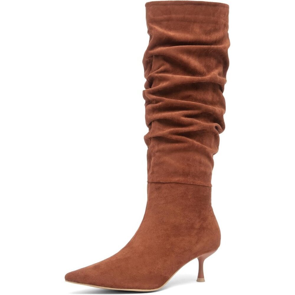 Brown Women's Slouchy Knee High Boots, Stiletto Heel, Pointed Toe, Pull-On